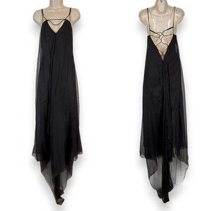 Leon Max Black Handkerchief Silk Maxi Dress Witchy Whimsigoth Train Medium